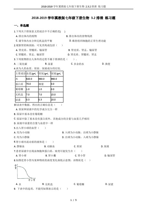 2018-2019学年冀教版七年级下册生物 2.3.2排泄 练习题