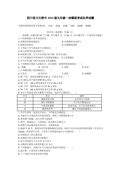 四川省川大附中2019届九年级一诊模拟考试化学试题