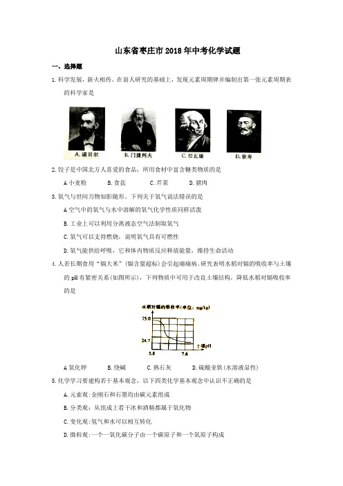 山东省枣庄市2018年中考化学试题(word版,含答案)