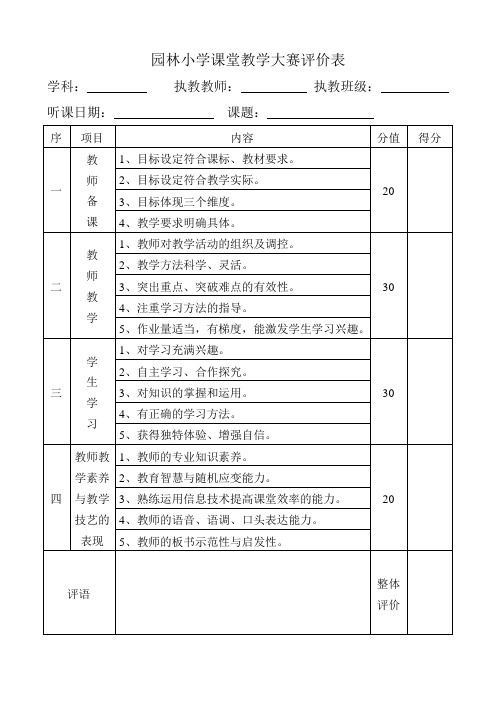 园林小学课堂教学大赛评价表