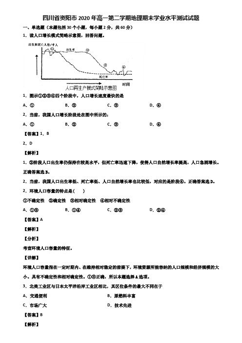 四川省资阳市2020年高一第二学期地理期末学业水平测试试题含解析