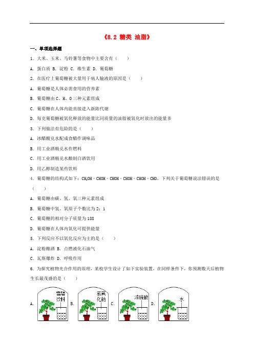 九年级化学全册 8.2 糖类 油脂同步测试(含解析)(新版)沪教版