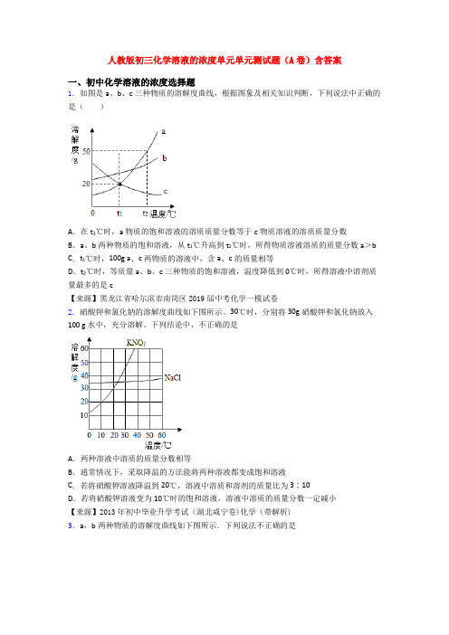人教版初三化学溶液的浓度单元单元测试题(A卷)含答案