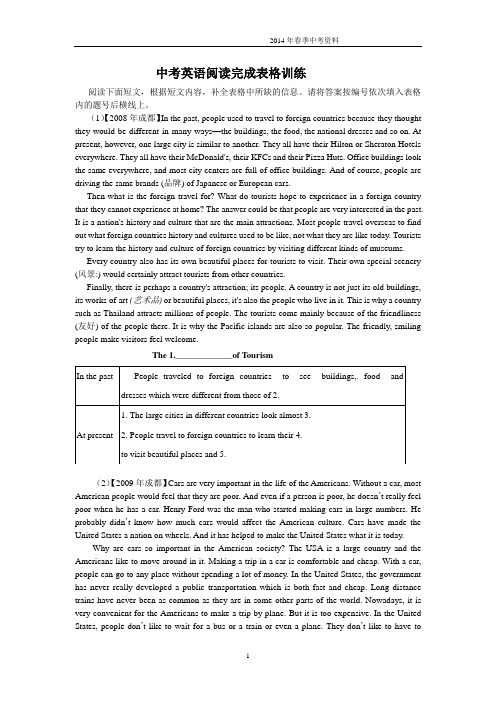 2014年中考英语阅读完成表格训练