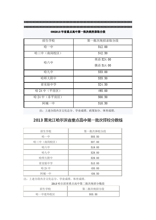 2013年哈尔滨省市重点高中录取分段