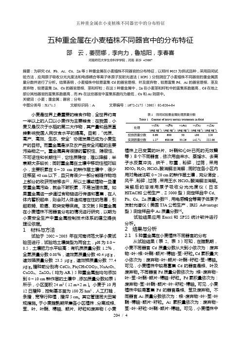 五种重金属在小麦植株不同器官中的分布特征