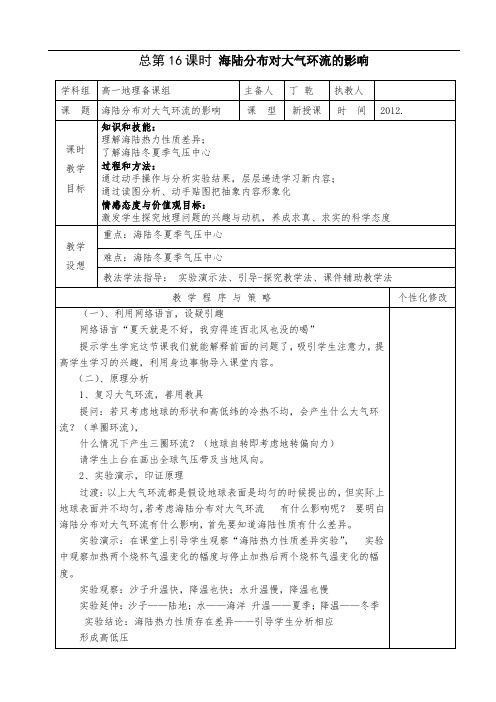 总第16课时 海陆分布对大气环流的影响