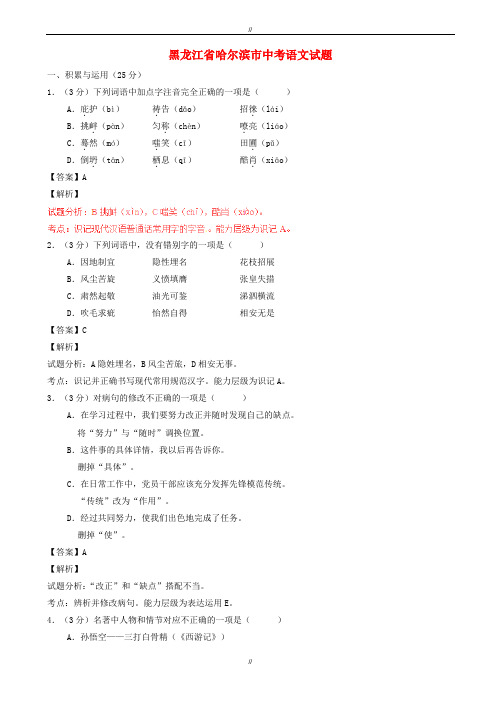 2020届黑龙江省哈尔滨市中考语文模拟试题(含解析)(已审阅)