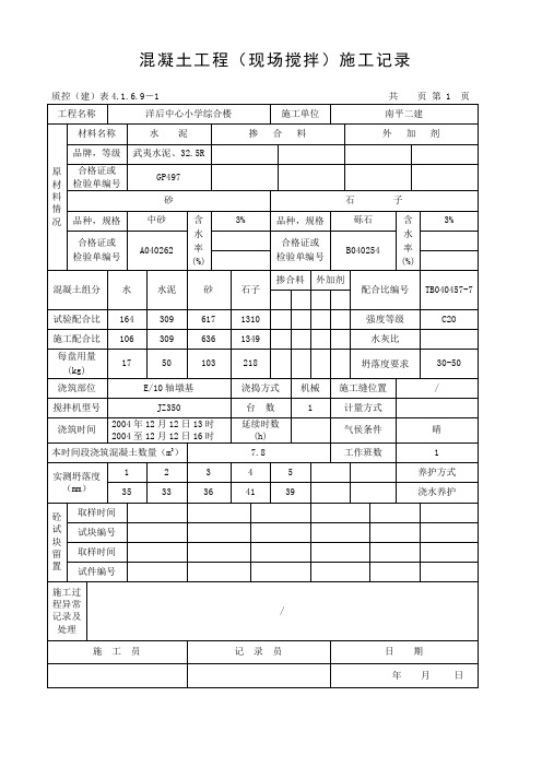 混凝土工程(现场搅拌)施工记录