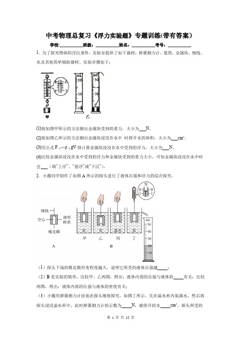 中考物理总复习《浮力实验题》专题训练(带有答案)