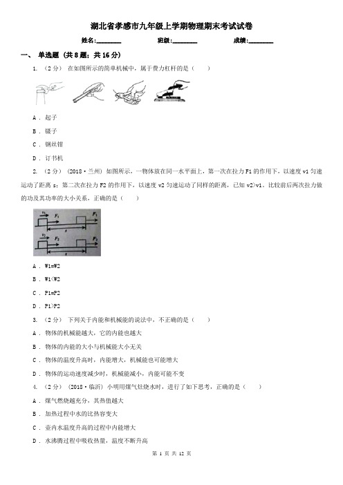 湖北省孝感市九年级上学期物理期末考试试卷