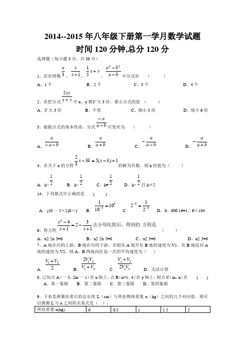 2014--2015年八年级下册第一学月数学试题