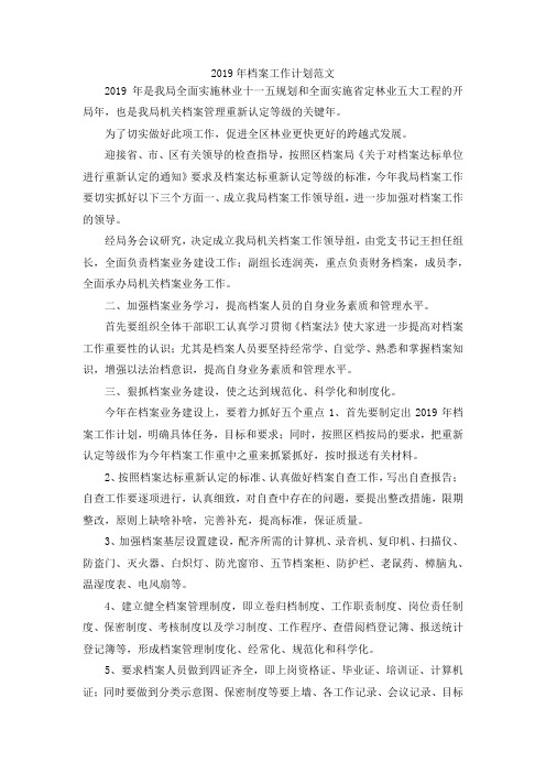 最新-2019年档案工作计划范文 精品
