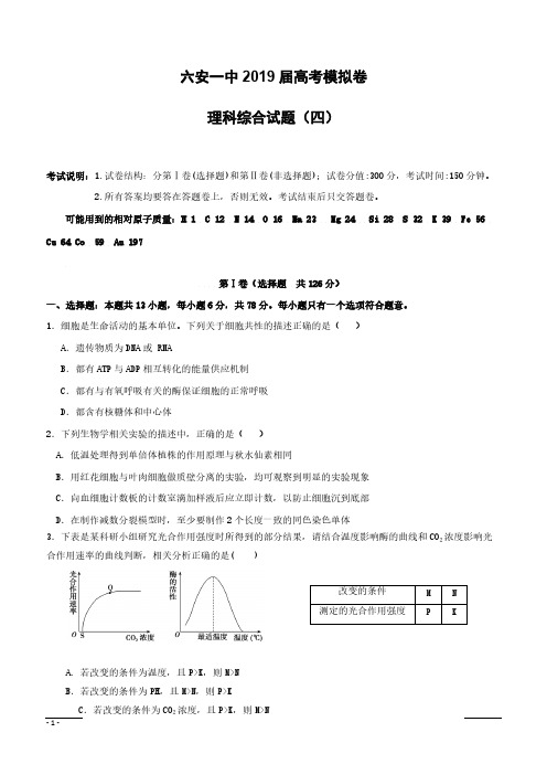 安徽省六安市第一中学2019届高三高考模拟(四)理科综合试题(附答案)