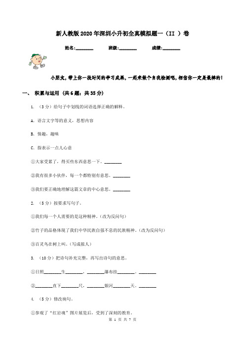 新人教版2020年深圳小升初全真模拟题一(II )卷