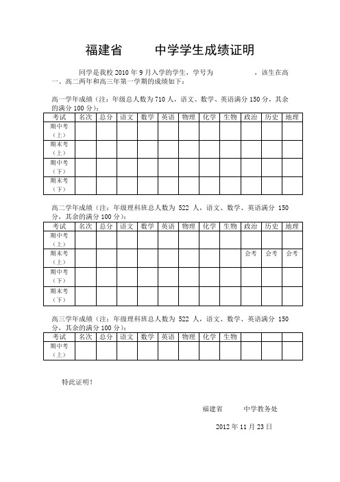 福建省   中学学生成绩证明-模板
