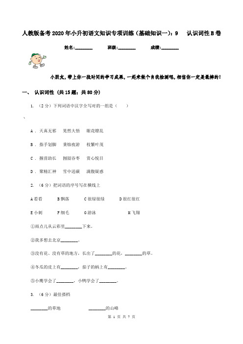 人教版备考2020年小升初语文知识专项训练(基础知识一)：9   认识词性B卷