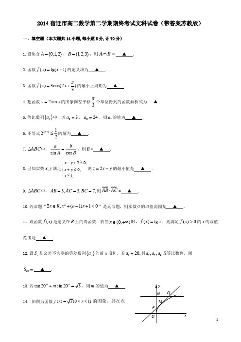 2014宿迁市高二数学第二学期期终考试文科试卷带答案苏教版