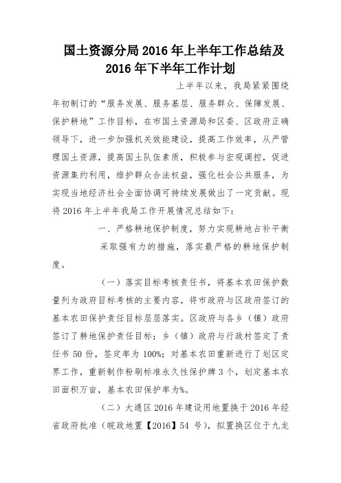 国土资源分局2016年上半年工作总结及2016年下半年工作计划