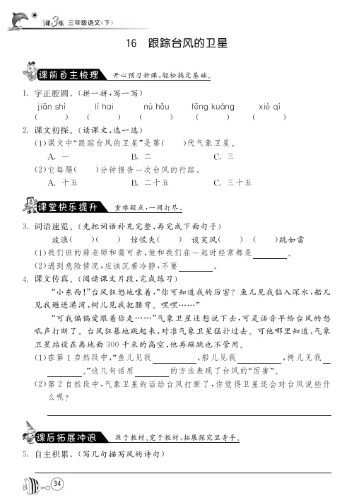 苏教版语文三年级下课课练·16 跟踪台风的卫星(附答案)