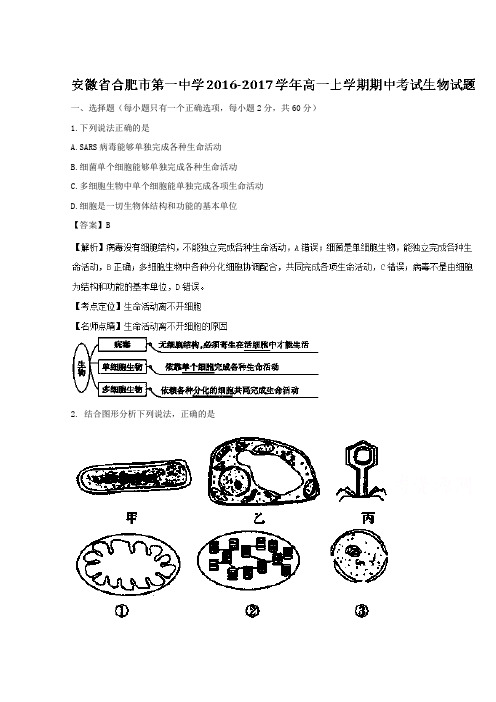 安徽省合肥市第一中学2016-2017学年高一上学期期中考试生物试题Word版含解析