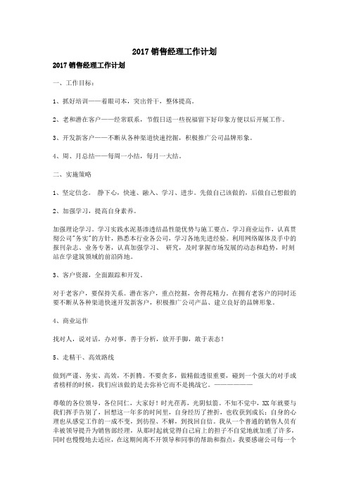 2017销售经理工作计划