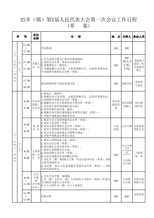 XX乡(镇)第X届人民代表大会第一次会议工作日程