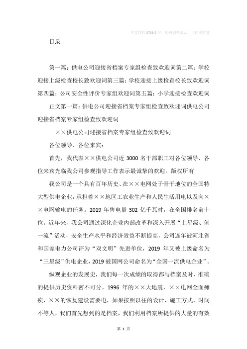 供电公司迎接省档案专家组检查致欢迎词