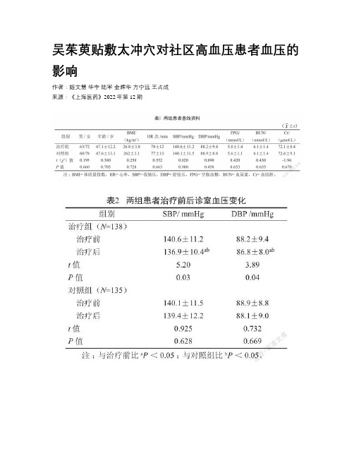 吴茱萸贴敷太冲穴对社区高血压患者血压的影响