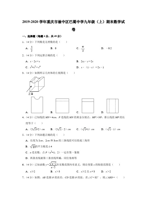 重庆市渝中区巴蜀中学2019-2020学年九年级(上)期末数学试卷  解析版