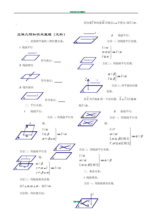 文科立体几何知识点、方法总结高三复习