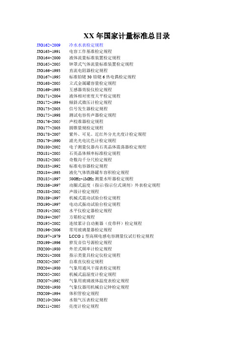 XX年国家计量标准总目录