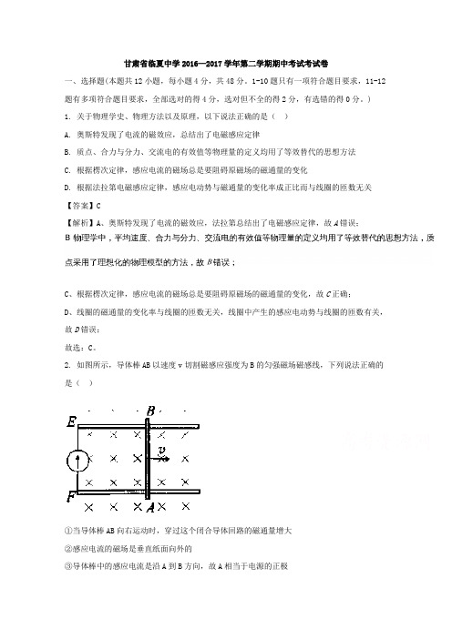 《解析》甘肃省临夏中学2016-2017学年高二下学期期中考试物理试题Word版含解析