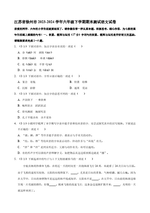 江苏省徐州市2023-2024学年六年级下学期期末测试语文试卷(有答案)