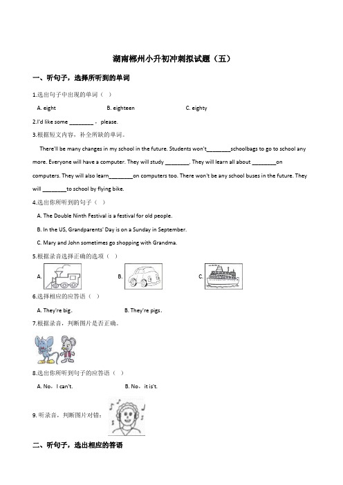 六年级下册英语试题：2019湖南郴州小升初冲刺试卷(五)人教版 (PEP)含答案