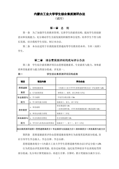 内蒙古工业大学学生综合素质测评办法