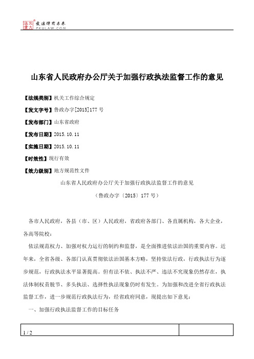 山东省人民政府办公厅关于加强行政执法监督工作的意见