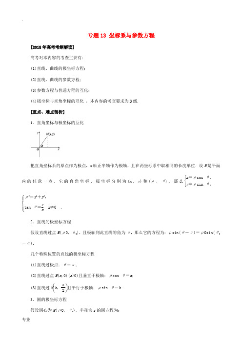 高考数学 专题13 坐标系与参数方程教学案 文-人教版高三全册数学教学案