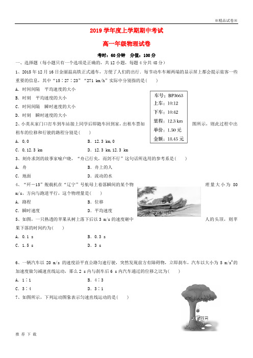 [精品]2019学年高一物理上学期期中试题 人教-新目标版(2)