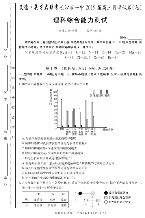 炎德英才大联考2019届长沙一中高三月考理综(试题)