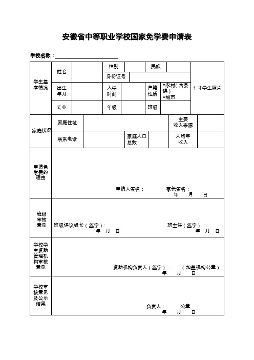 安徽省中等职业学校国家免学费申请表