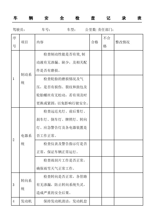 车辆安全检查记录表格模板