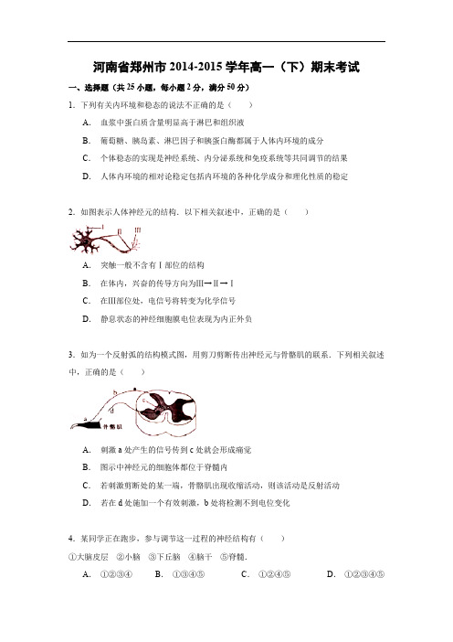 郑州市2014-2015学年高一(下)期末生物试题及答案考试