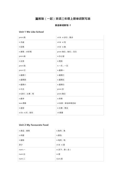 冀教版(一起)英语三年级上册单词默写表