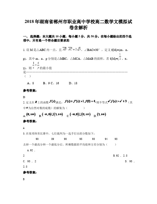2018年湖南省郴州市职业高中学校高二数学文模拟试卷含解析