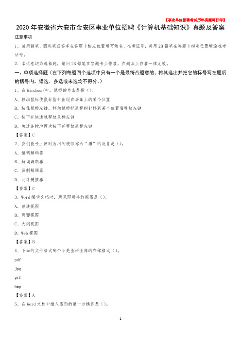 2020年安徽省六安市金安区事业单位招聘《计算机基础知识》真题及答案
