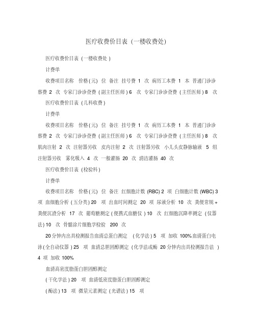 医疗收费价目表(一楼收费处)