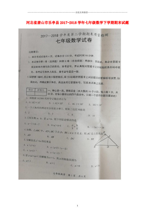 河北省唐山市乐亭县2018-2019学年七年级数学下学期期末名师精编试题(扫描版)新人教版