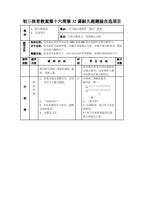 初三体育教案第十六周第32课耐久跑测验自选项目