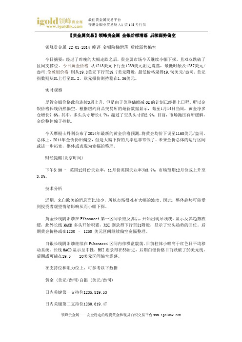 【贵金属交易】 金银阶梯滑落 后续弱势偏空